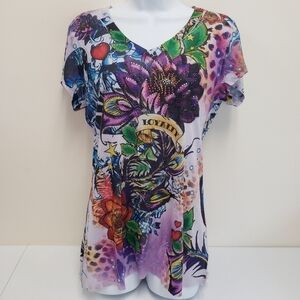 B.L.E.U. Vneck Embellished Loyalty Floral Top Bleu Womens Size Small